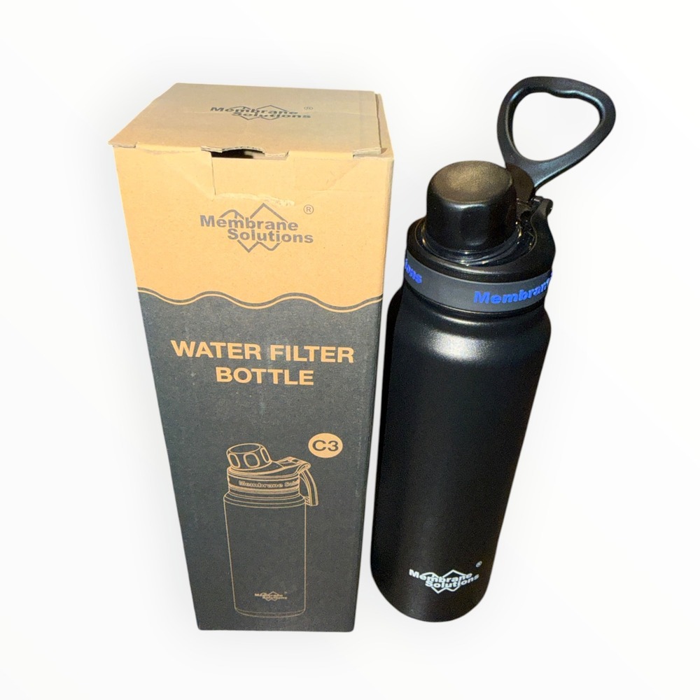Membrane Solutions Water Filter Bottle C3 32 oz Black New Stainless Steel